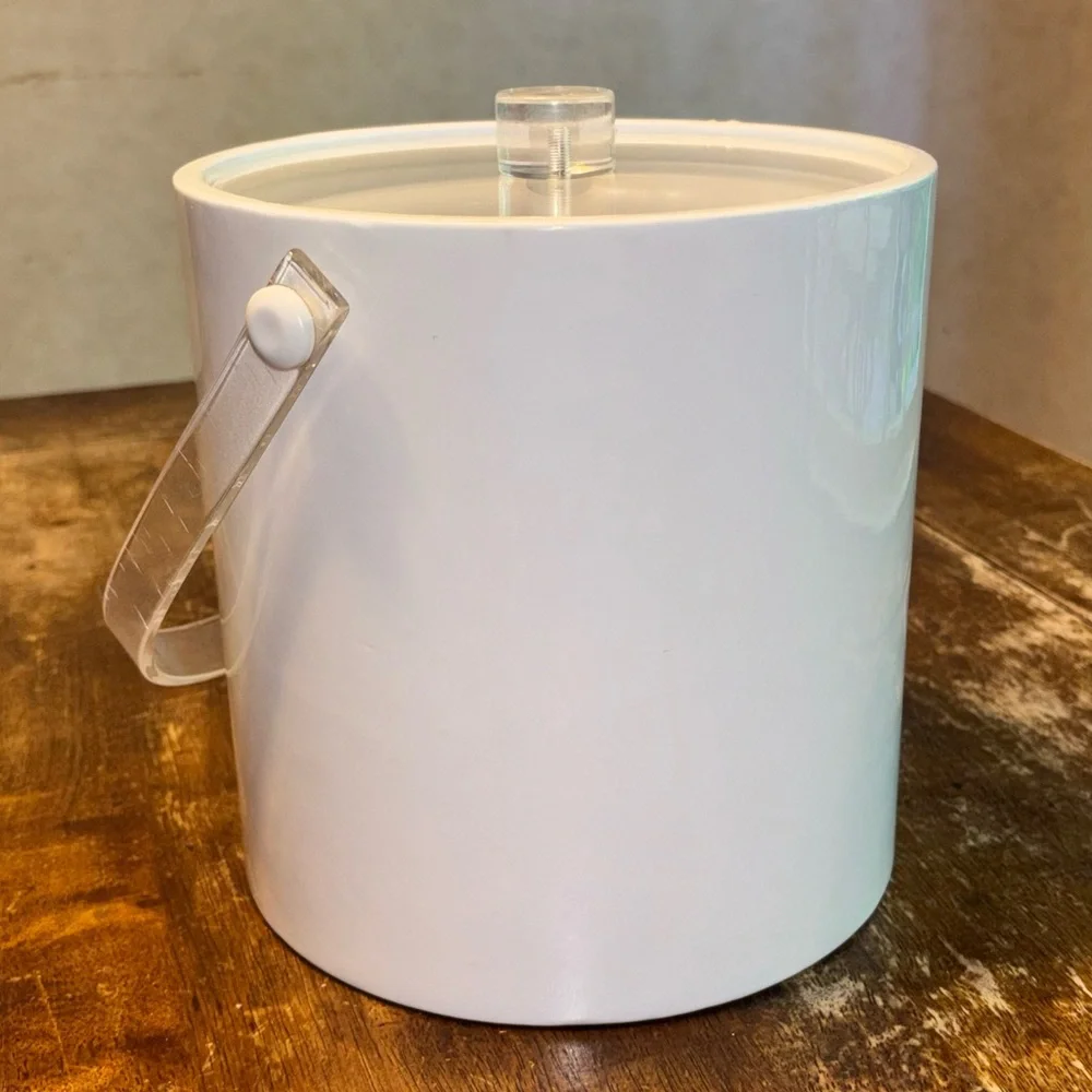 Vintage White Vinyl Ice Bucket with Lucite Handle and Lid